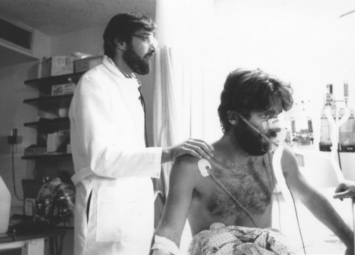 Jon with Dr Benowitz in Respiratory Intensive Care unit at LDS Hospital in Salt Lake City, August 1983