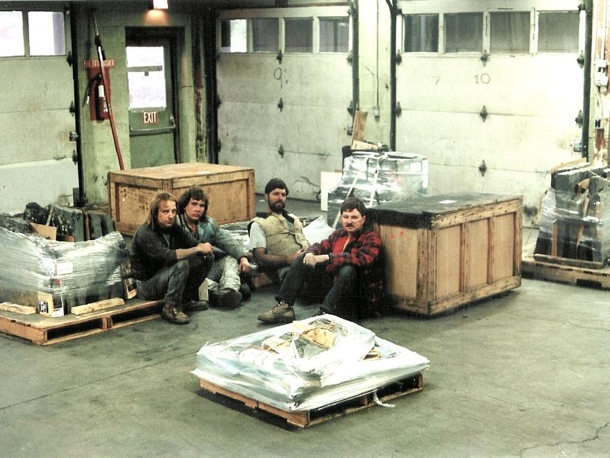 Jon & Hal and local helpers with 4 tons of rough fossil fern material ready to ship out at the CF truck terminal in Pottstown, PA circa 1991 or 92.